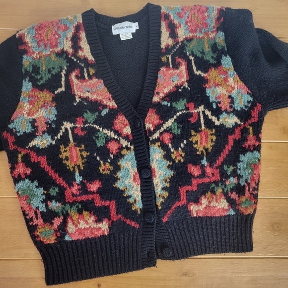 Vintage floral black button up cardigan sweater - Picture 5 of 8